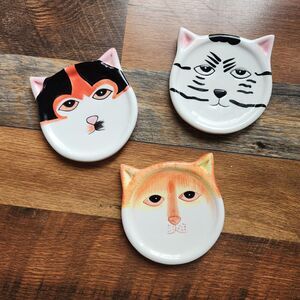 VTG 2001 Bandwagon 3 Kitty Cat Face Ceramic Coasters Spoon Rest/Soap Dish Calico